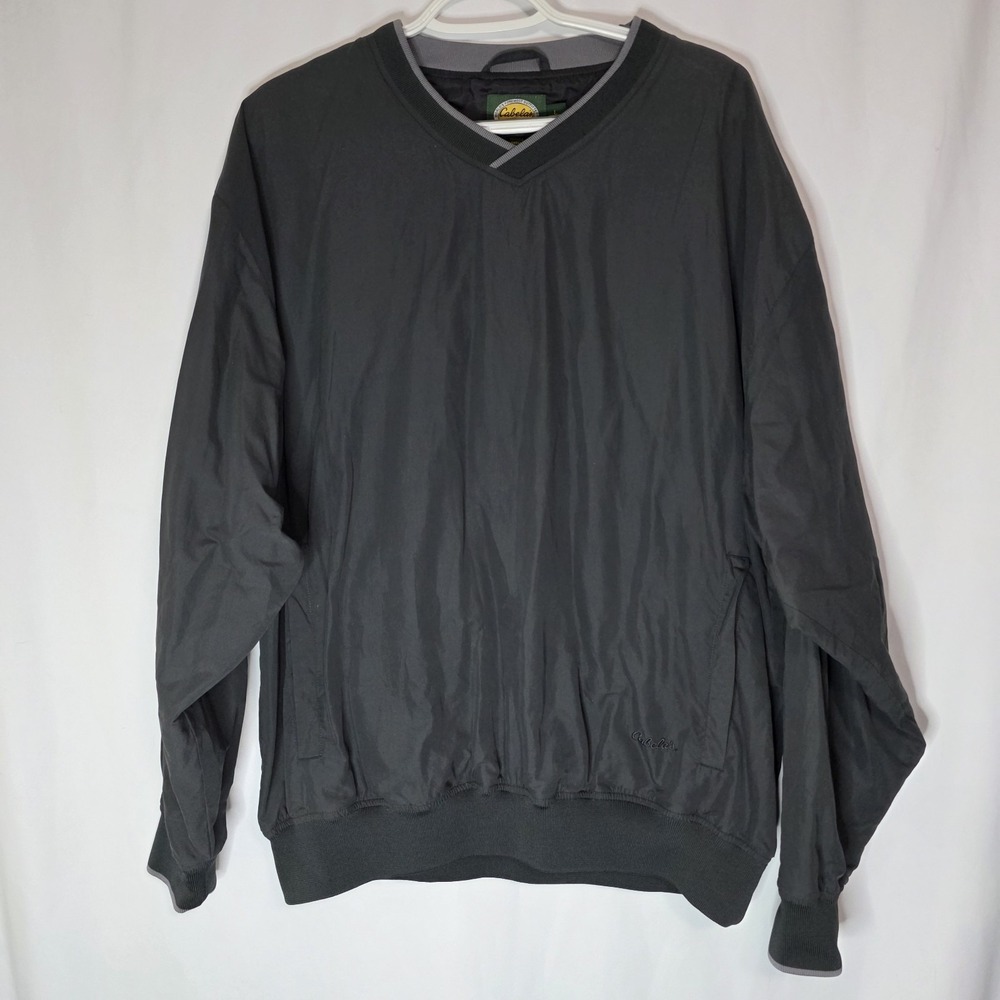 Cabela's Mens Pullover Windbreaker L‎ Black Lined Lightweight Outdoor Jacket